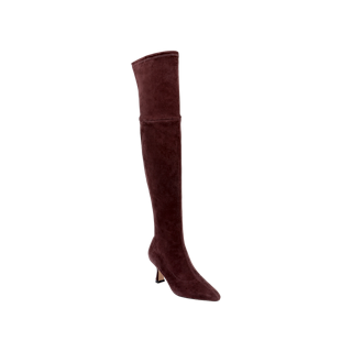 The Clarin Over-the-Knee Boot, crafted in mahogany brown suede with a pointed toe and a low, slim heel, is showcased as a single knee-high boot against a plain light gray background.