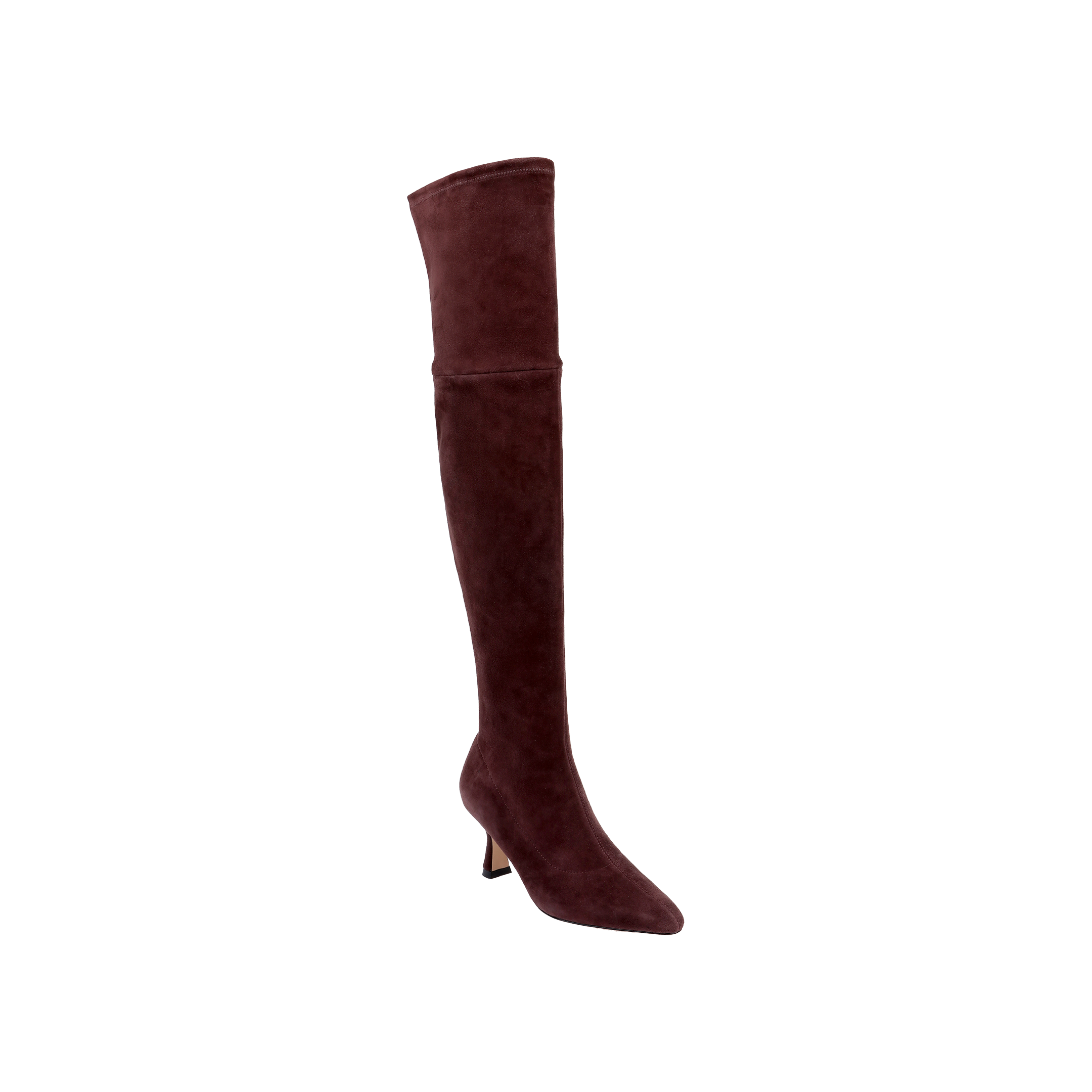 The Clarin Over-the-Knee Boot, crafted in mahogany brown suede with a pointed toe and a low, slim heel, is showcased as a single knee-high boot against a plain light gray background.