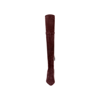 The Clarin Over-the-Knee Boot is shown upright against a plain white background, featuring rich mahogany brown suede, a pointed toe, and a convenient side zipper.