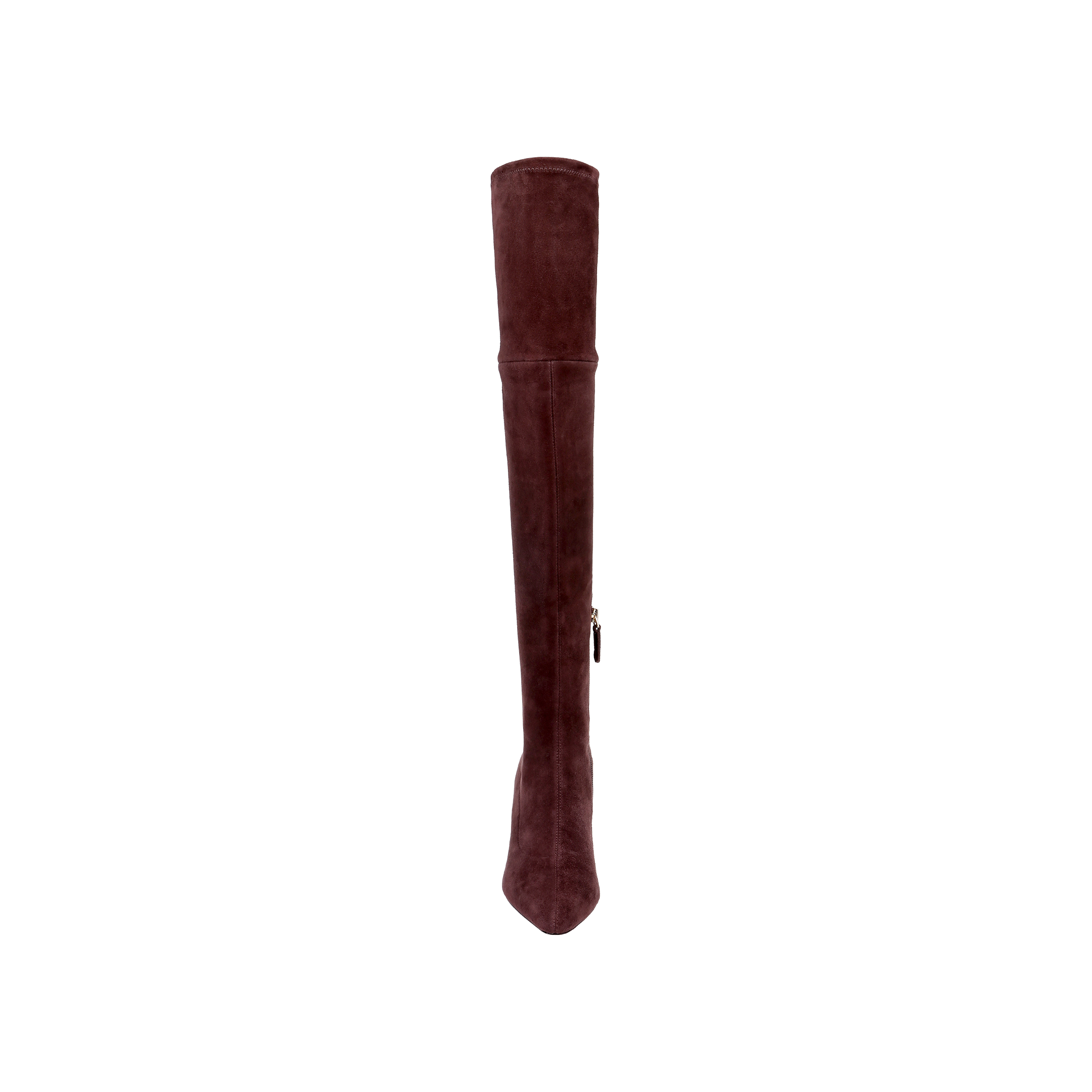 The Clarin Over-the-Knee Boot is shown upright against a plain white background, featuring rich mahogany brown suede, a pointed toe, and a convenient side zipper.