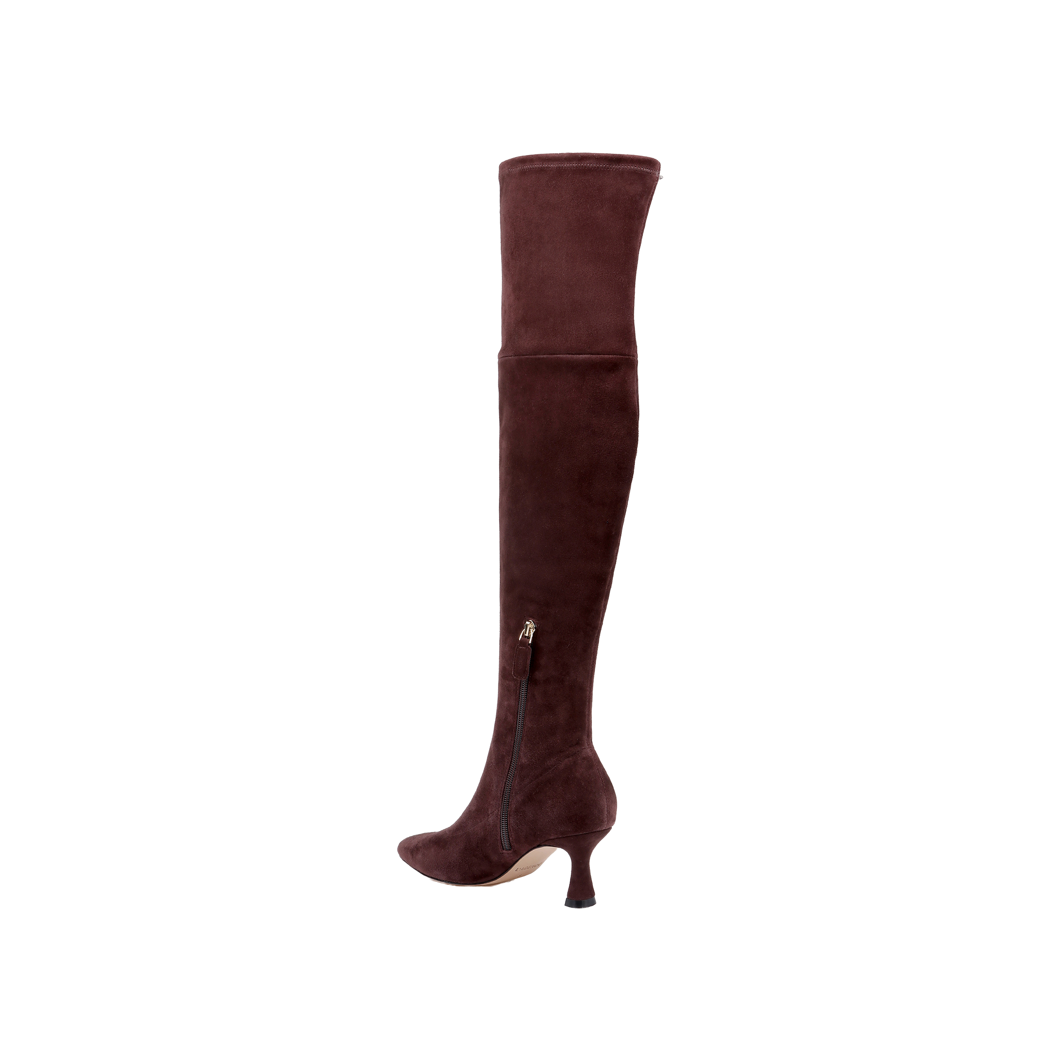 The Clarin Over-the-Knee Boot is a single dark brown suede boot featuring a pointed toe, side zipper, and a mid-height flared heel, shown against a plain white background.