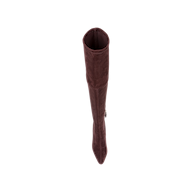 The Clarin Over-the-Knee Boot in mahogany brown suede is shown from above, highlighting its pointed toe and cylindrical shaft against a white background.