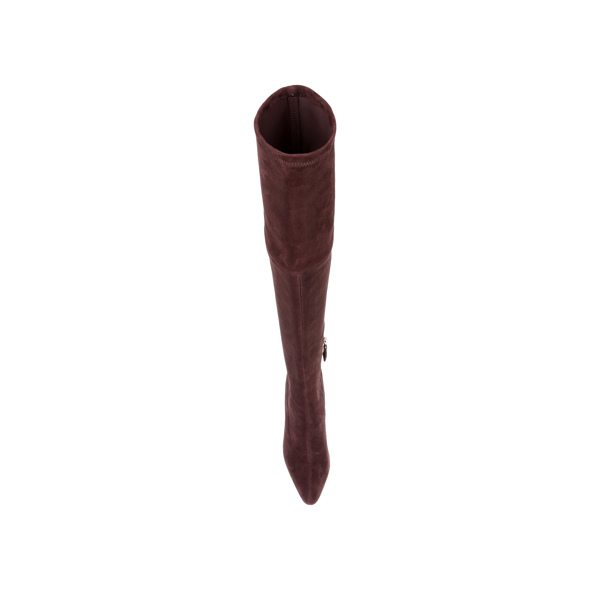 The Clarin Over-the-Knee Boot in mahogany brown suede is shown from above, highlighting its pointed toe and cylindrical shaft against a white background.