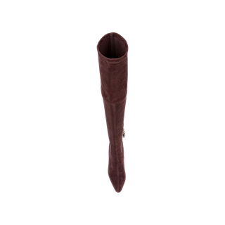 The Clarin Over-the-Knee Boot in mahogany brown suede is shown from above, highlighting its pointed toe and cylindrical shaft against a white background.