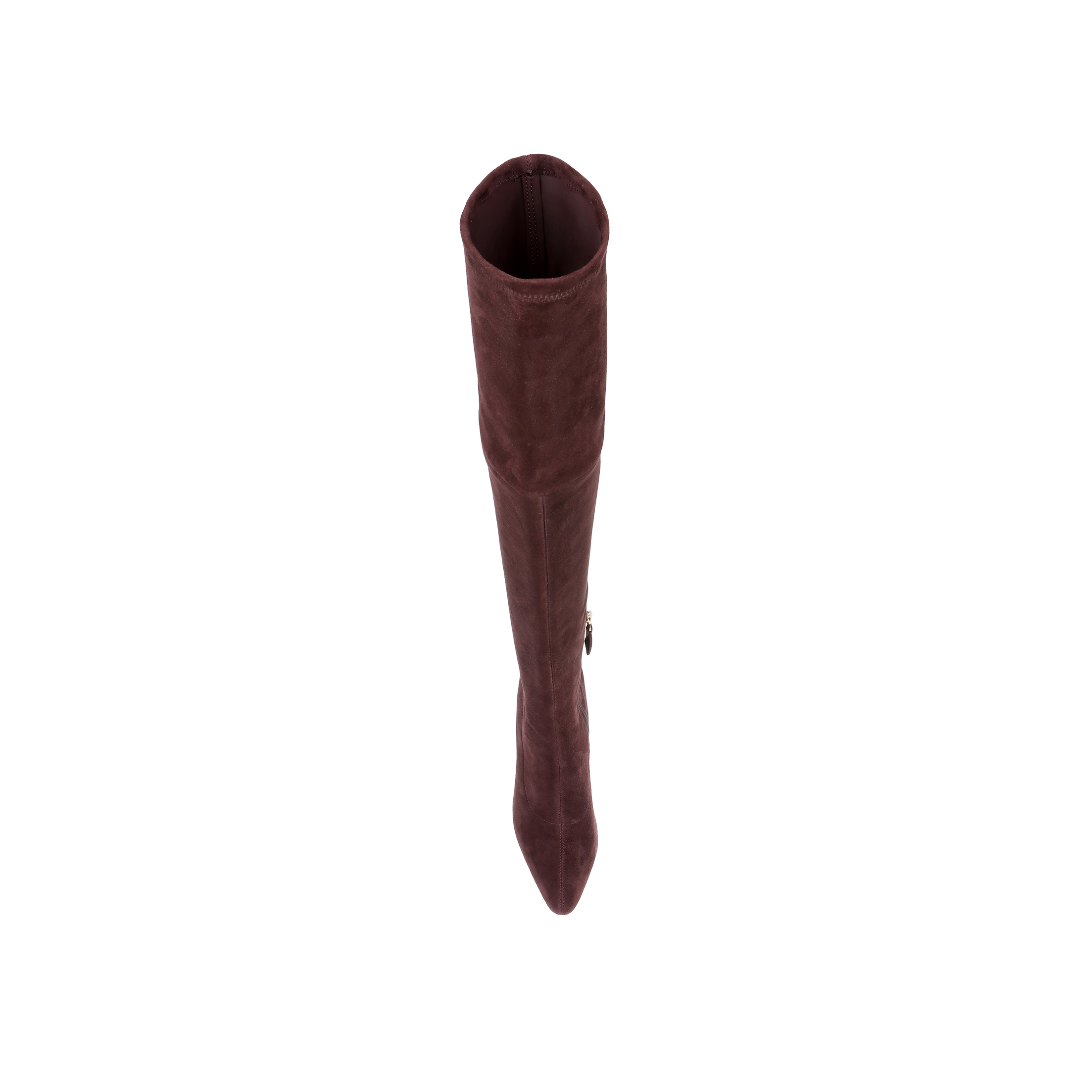The Clarin Over-the-Knee Boot in mahogany brown suede is shown from above, highlighting its pointed toe and cylindrical shaft against a white background.