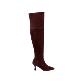 The Clarin Over-the-Knee Boot, crafted in mahogany brown suede with a pointed toe and a mid-height heel, is displayed on a plain white background.