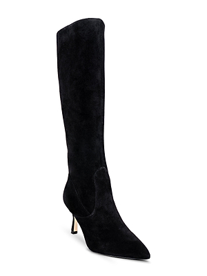 The L'AGENCE Marya Knee-High Boot is a chic black suede boot with a pointed toe and slender mid heel, featuring a memory foam insole for comfort, displayed against a white background.