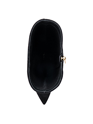 Top view of an empty black velvet clutch bag with a gold clasp, isolated on white—pairs perfectly with the Marya Knee-High Boot by L'AGENCE for an elegant look.