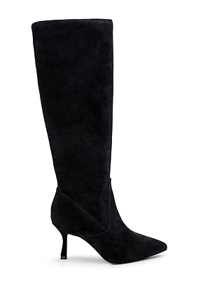 The L'AGENCE Marya Knee-High Boot in black suede features a pointed toe, slim mid heel, and memory foam insole for comfort, shown as a single boot against a white background.
