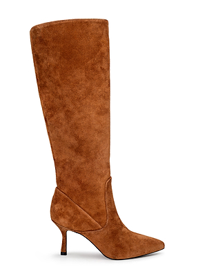 The Marya Knee-High Boot is a tall, brown suede boot with a pointed toe, slim mid heel, and a comfortable memory foam insole, shown in profile against a white background.