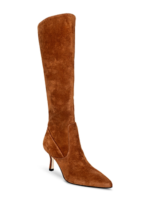 The Marya Knee-High Boot is a tall, brown suede boot with a pointed toe and slim stiletto heel. Displayed against a white background, it features a cozy memory foam insole for lasting comfort.