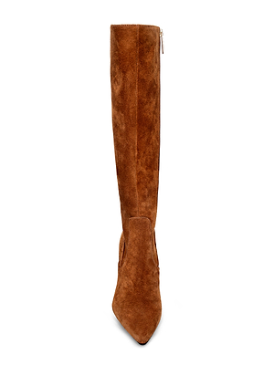 The Marya Knee-High Boot is shown from the front against a white background. This brown suede boot features a pointed toe, side zipper, and memory foam insole for added comfort.