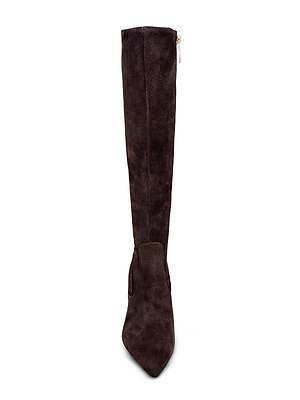 The Marya Knee-High Boot by L'AGENCE is a single dark brown suede boot with a pointed toe, side zipper, and memory foam insole for comfort, shown facing forward against a white background.