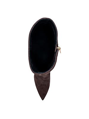 Top view of the L'AGENCE Marya Knee-High Boot in dark brown suede, featuring a pointed toe, side zipper, black lining, and a memory foam insole, shown against a white background.