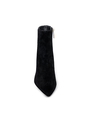 The Sylvie Suede Bootie by L'AGENCE is a black suede heeled bootie with a pointed toe and side zipper, shown from above on a white background.