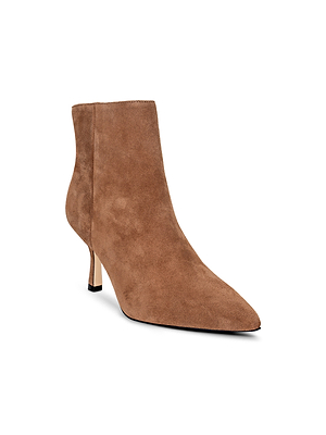 The Sylvie Suede Bootie by L'AGENCE features a tan suede finish, pointed toe, and low slender heel, shown against a white background.