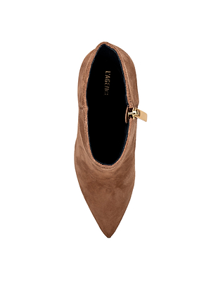 Top view of the L'AGENCE Sylvie Suede Bootie in tan, featuring a pointed toe, heel, side zipper, black lining, and gold brand name on the insole. The bootie is isolated on a white background.