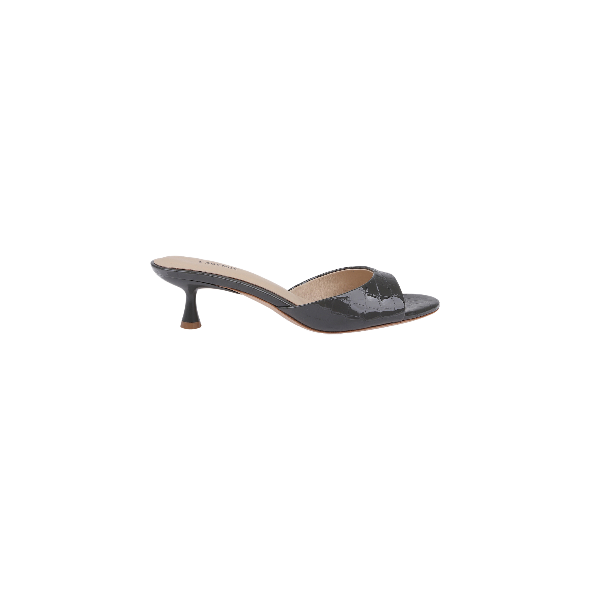 The Arleen Kitten-Heel Mule is a black open-toe shoe with a mid-height curved kitten heel and a single wide strap across the front, crafted from crocodile embossed leather and featuring a memory foam insole, shown on a white background.