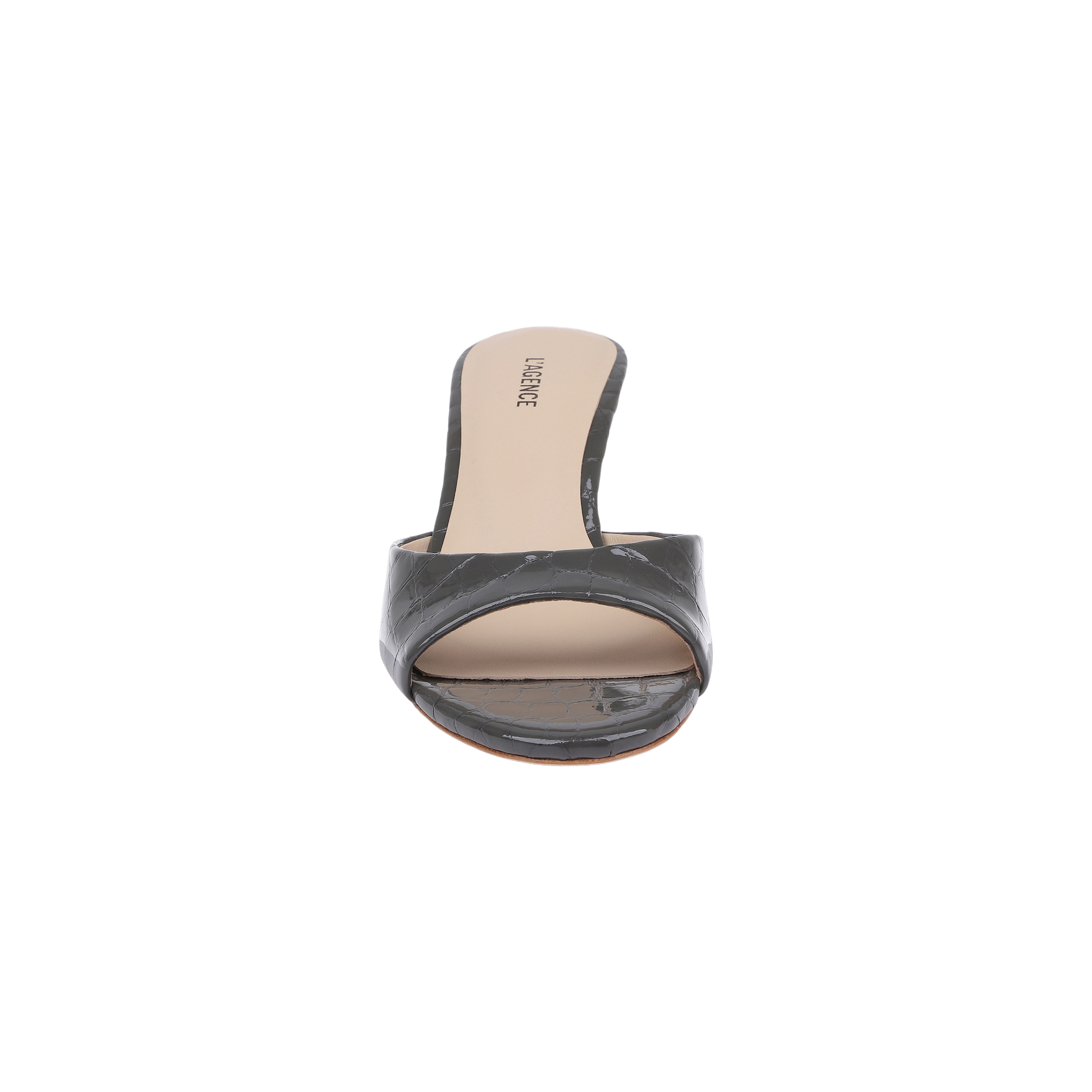 The Arleen Kitten-Heel Mule is a women’s open-toe mule in glossy black crocodile-embossed leather, shown from the front with a beige memory foam insole and a mid-height heel, set against a plain white background.