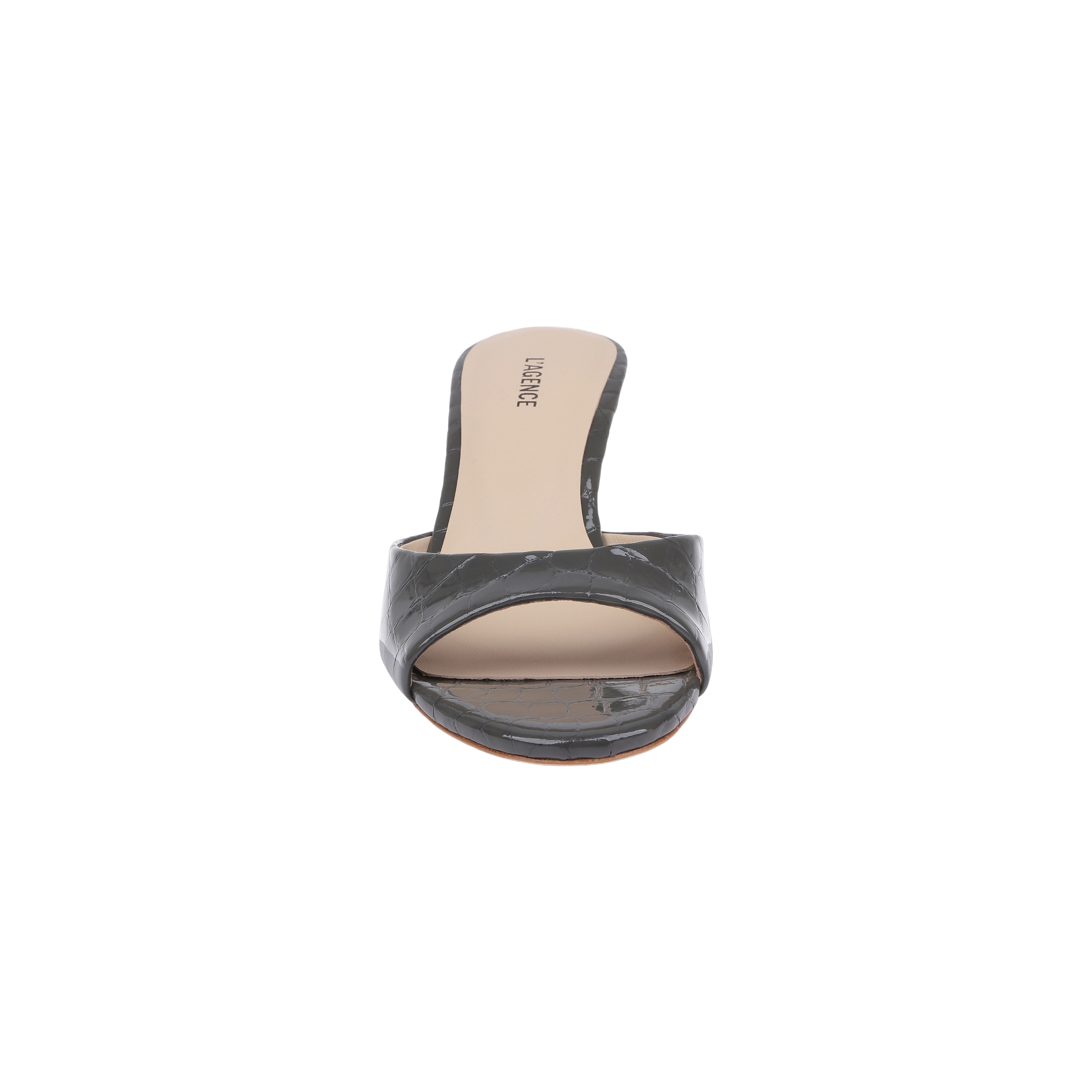 The Arleen Kitten-Heel Mule is a women’s open-toe mule in glossy black crocodile-embossed leather, shown from the front with a beige memory foam insole and a mid-height heel, set against a plain white background.