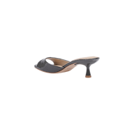 Arleen Kitten-Heel Mule in black crocodile-embossed leather features an open toe, cutout upper design, and curved heel, displayed against a white background.