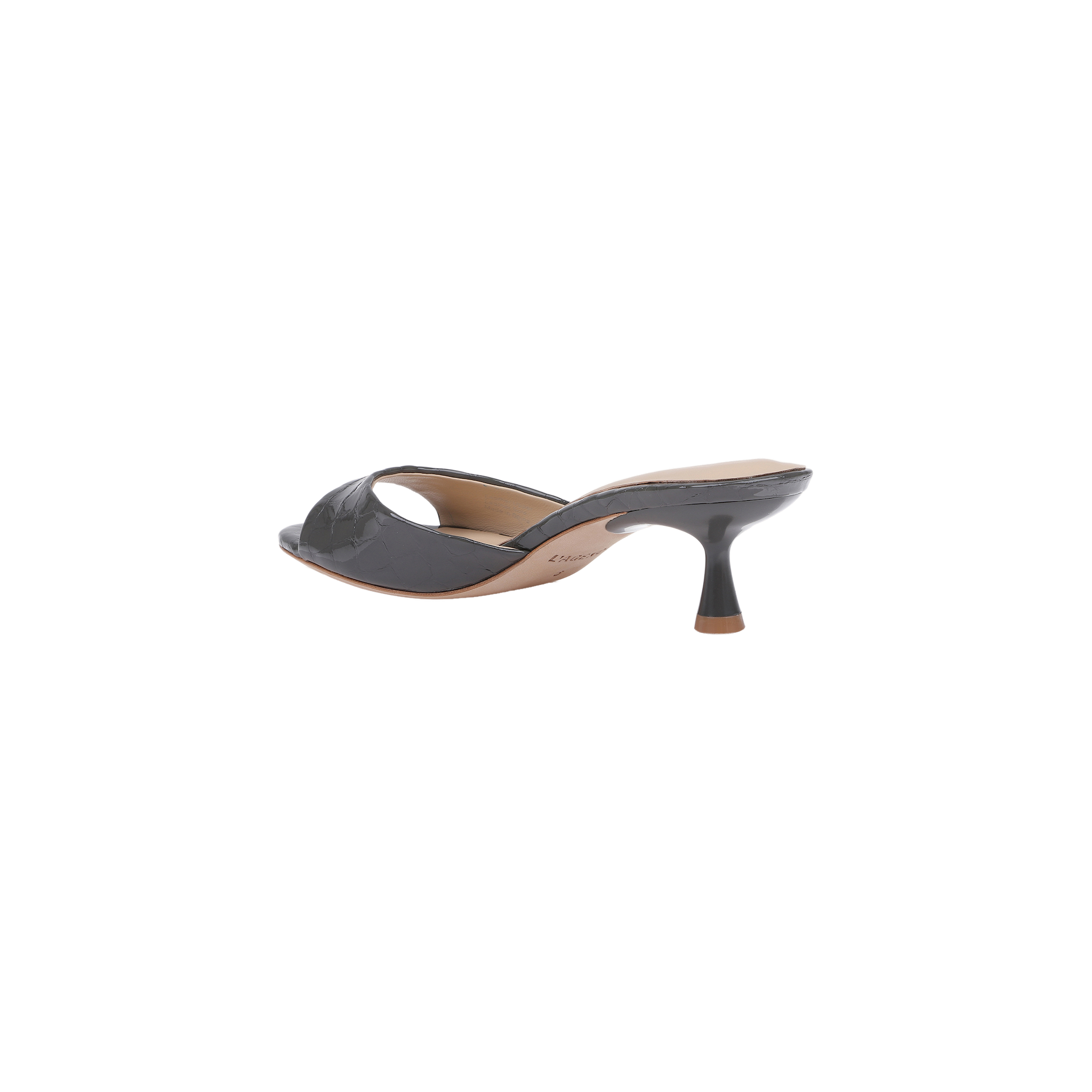 Arleen Kitten-Heel Mule in black crocodile-embossed leather features an open toe, cutout upper design, and curved heel, displayed against a white background.