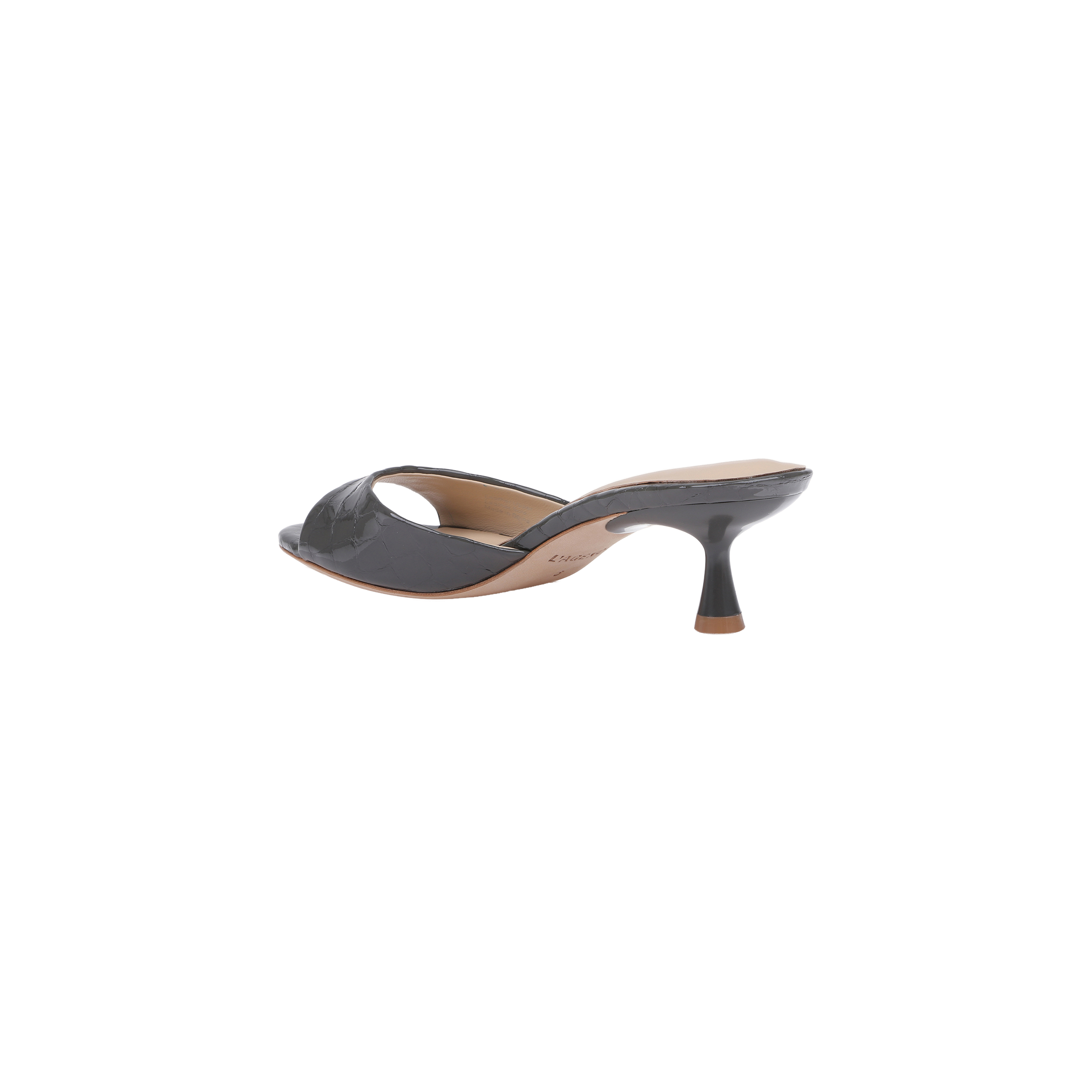Arleen Kitten-Heel Mule in black crocodile-embossed leather features an open toe, cutout upper design, and curved heel, displayed against a white background.