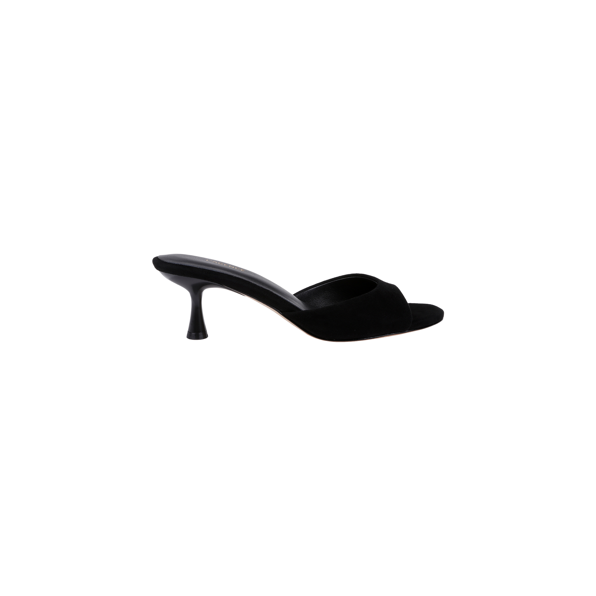 The Arleen Kitten-Heel Mule is a black suede shoe with a low kitten heel and an open toe, featuring a single wide strap across the front and displayed against a plain white background.