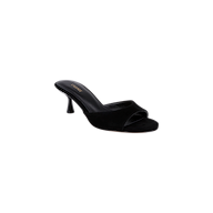 The Arleen Kitten-Heel Mule is a black suede mule with an open toe, a single wide strap, and a slim kitten heel, showcased against a plain white background.