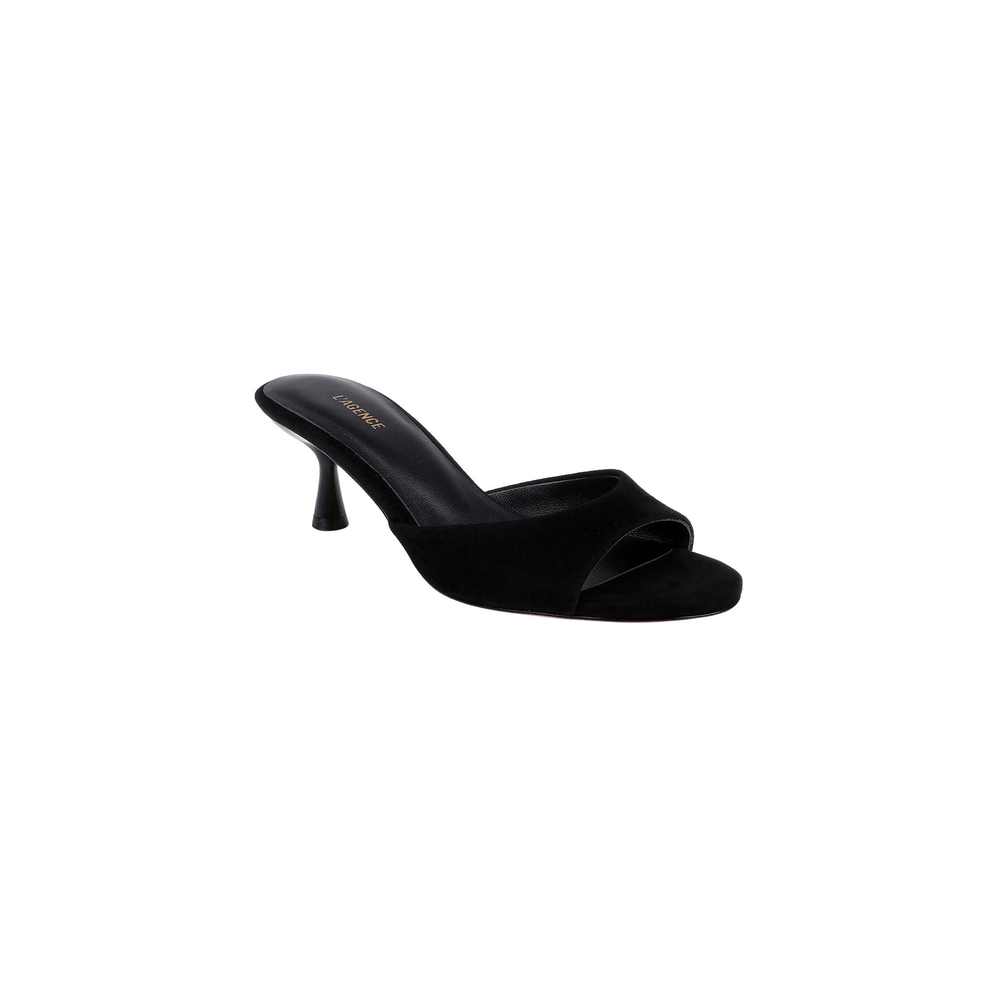 The Arleen Kitten-Heel Mule is a black suede mule with an open toe, a single wide strap, and a slim kitten heel, showcased against a plain white background.