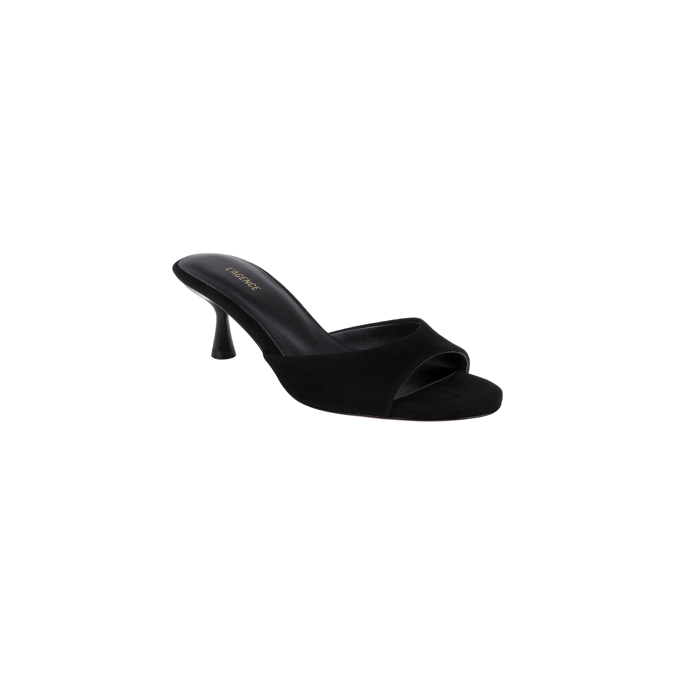 The Arleen Kitten-Heel Mule is a black suede mule with an open toe, a single wide strap, and a slim kitten heel, showcased against a plain white background.