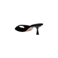 The Arleen Kitten-Heel Mule, crafted from black suede with an open toe and a curved stiletto heel, is pictured from the back and slightly to the side against a plain white background.