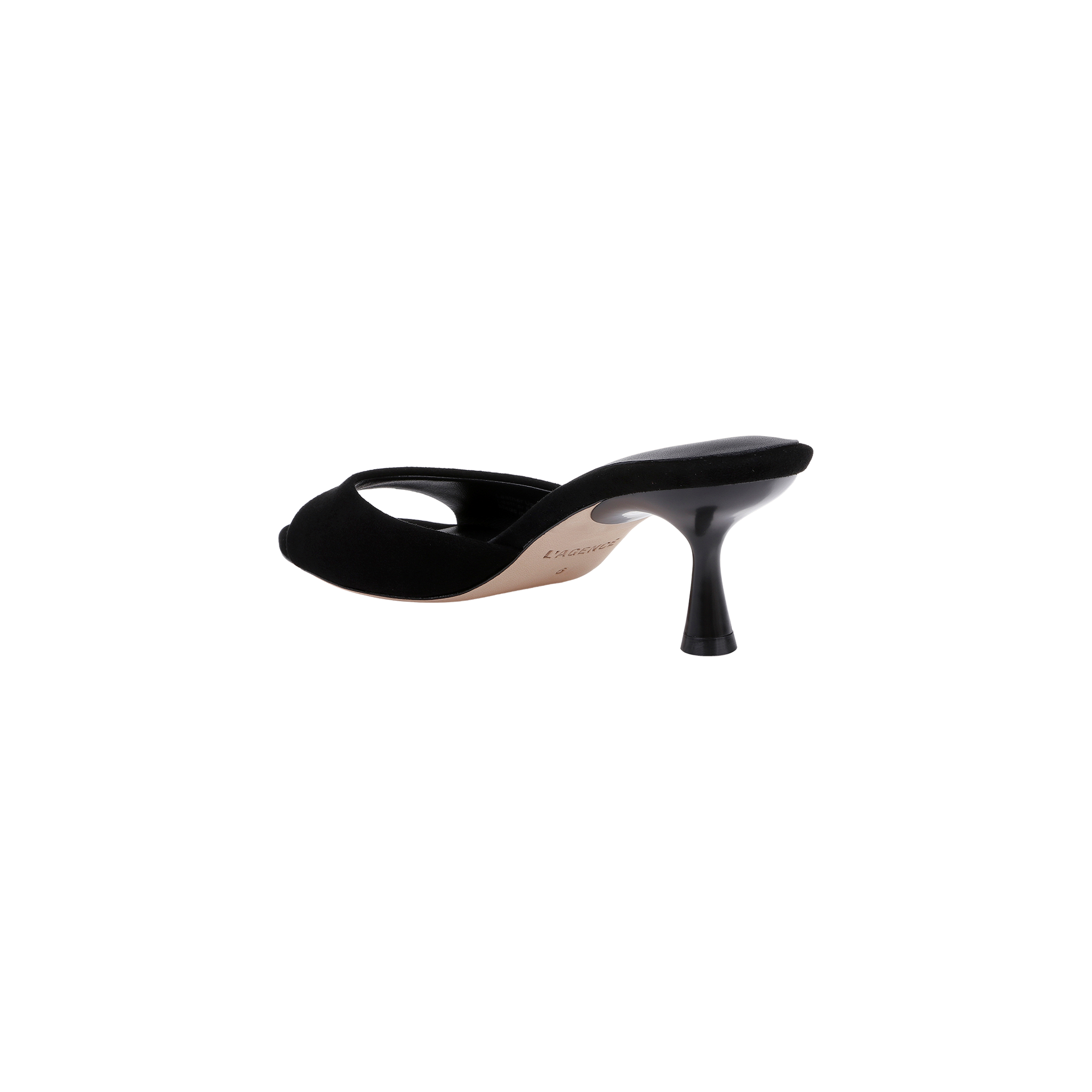 The Arleen Kitten-Heel Mule, crafted from black suede with an open toe and a curved stiletto heel, is pictured from the back and slightly to the side against a plain white background.
