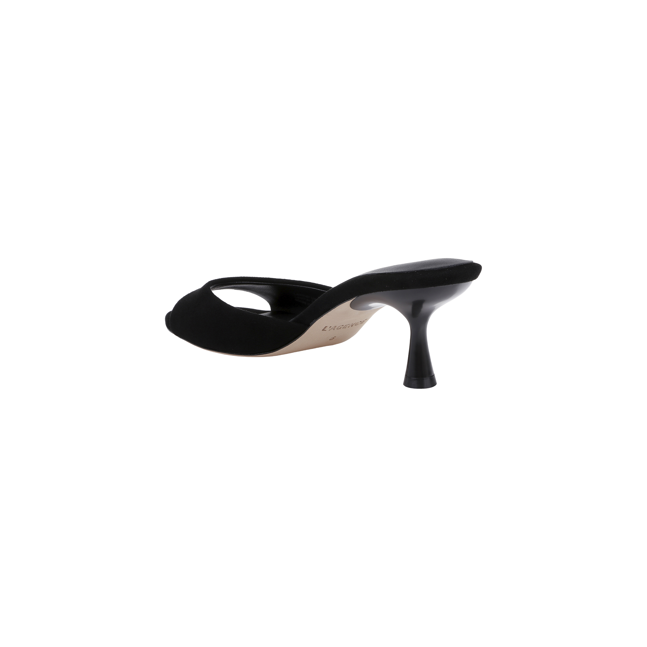 The Arleen Kitten-Heel Mule, crafted from black suede with an open toe and a curved stiletto heel, is pictured from the back and slightly to the side against a plain white background.