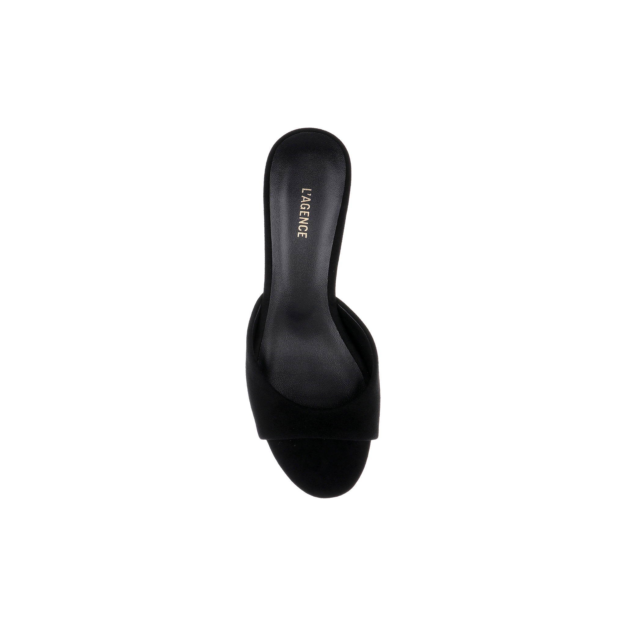 Introducing the Arleen Kitten-Heel Mule: a black suede, open-toe mule with a slip-on design, single wide strap, and branded L’AGENCE insole. Displayed from a top-down view against a white background, this low-heel mule blends elegant style with comfortable ease.