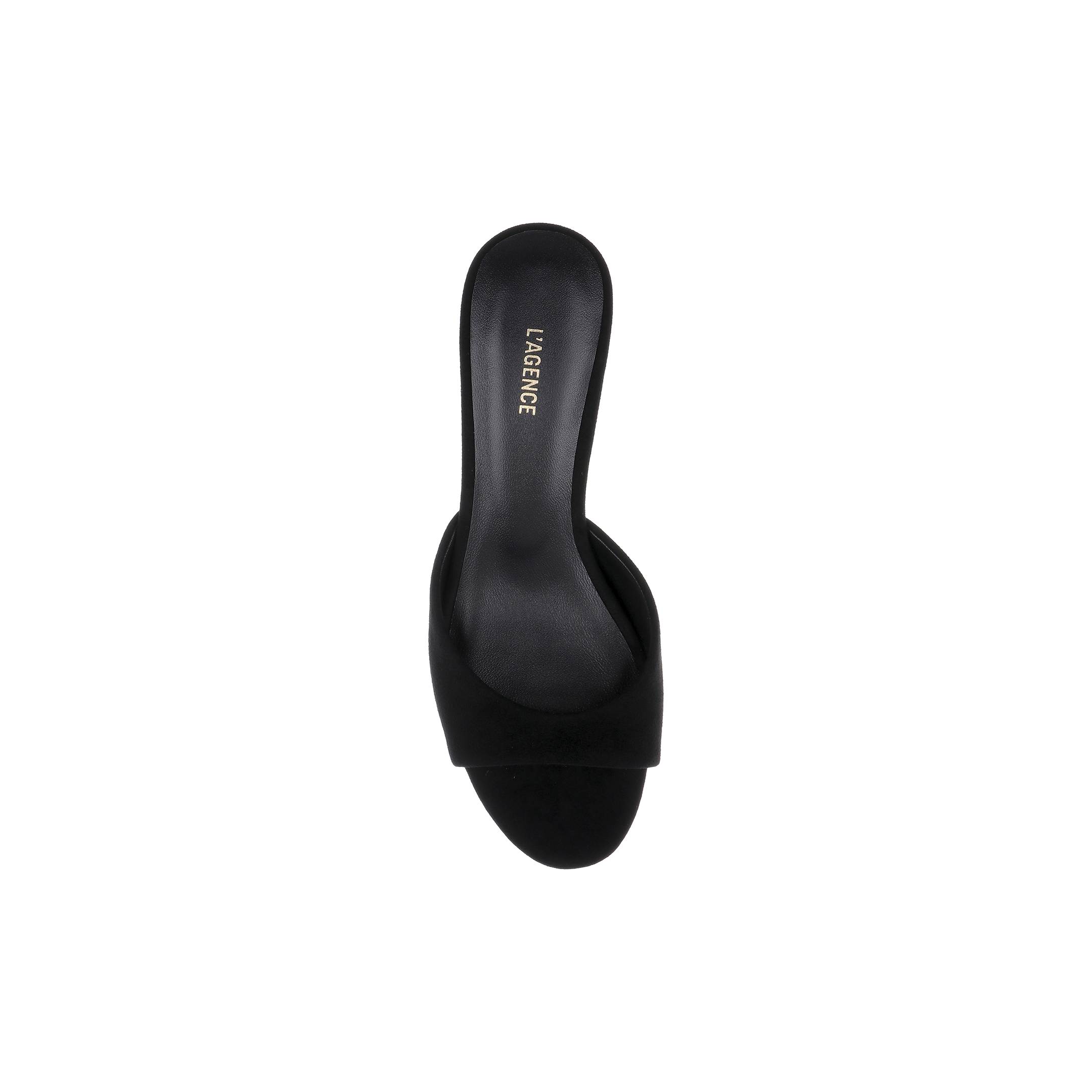 Introducing the Arleen Kitten-Heel Mule: a black suede, open-toe mule with a slip-on design, single wide strap, and branded L’AGENCE insole. Displayed from a top-down view against a white background, this low-heel mule blends elegant style with comfortable ease.