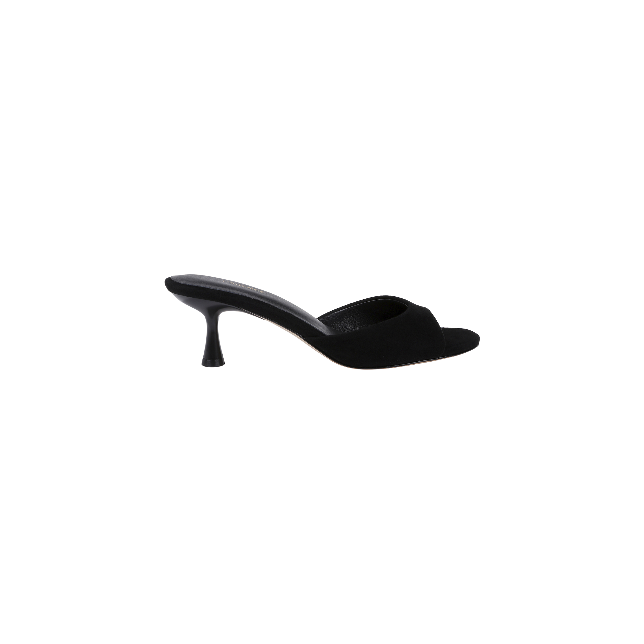 Arleen Kitten-Heel Mule in black, featuring an open toe, slim curved kitten heel, and a single wide strap across the front, displayed on a plain white background.