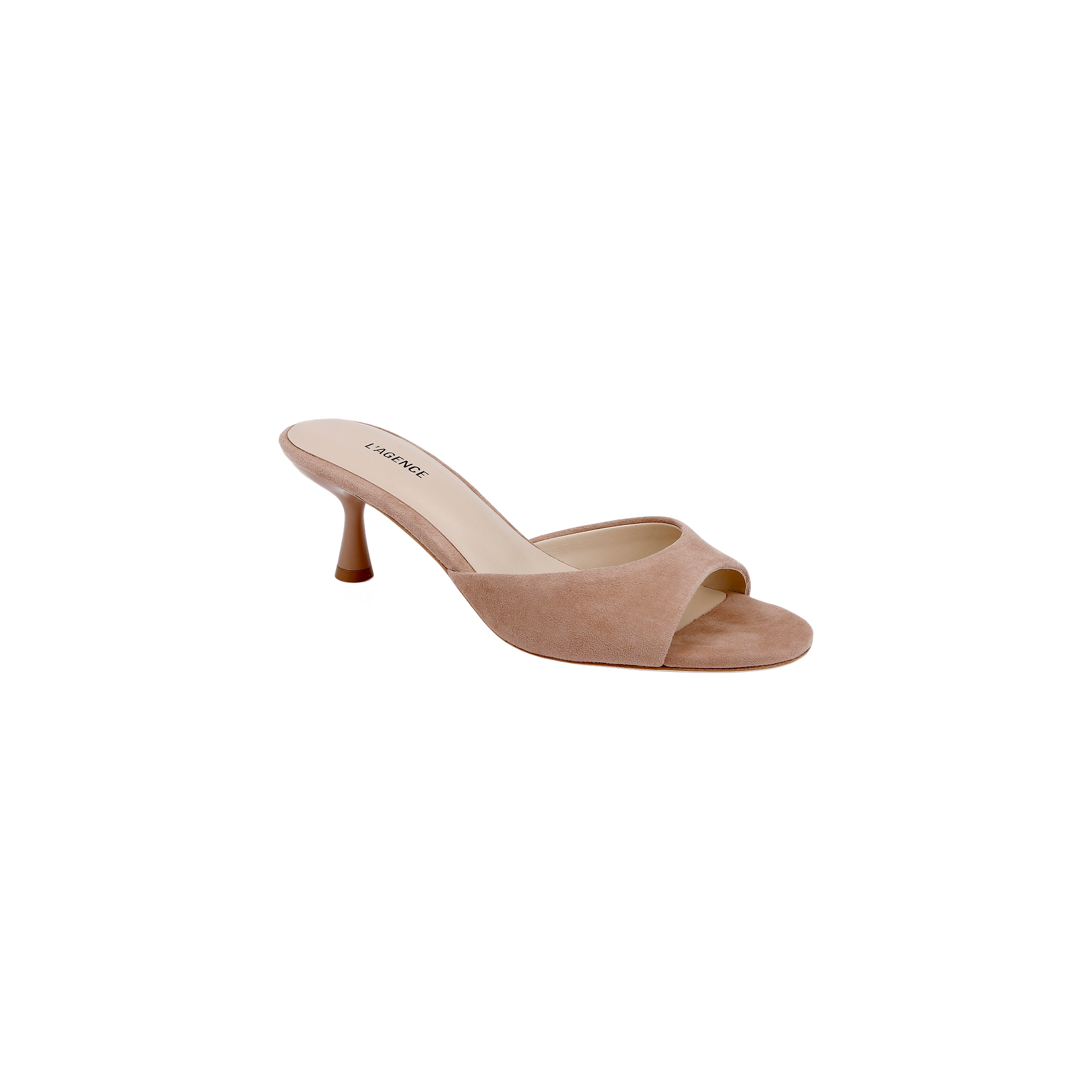 The Arleen Kitten-Heel Mule is a tan suede open-toe mule featuring a single wide strap over the front and a chic kitten heel, displayed against a plain white background.
