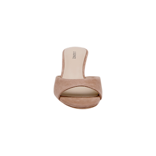 The Arleen Kitten-Heel Mule in tan suede features an open toe, a wide strap, and a low kitten heel, shown from above against a plain white background.