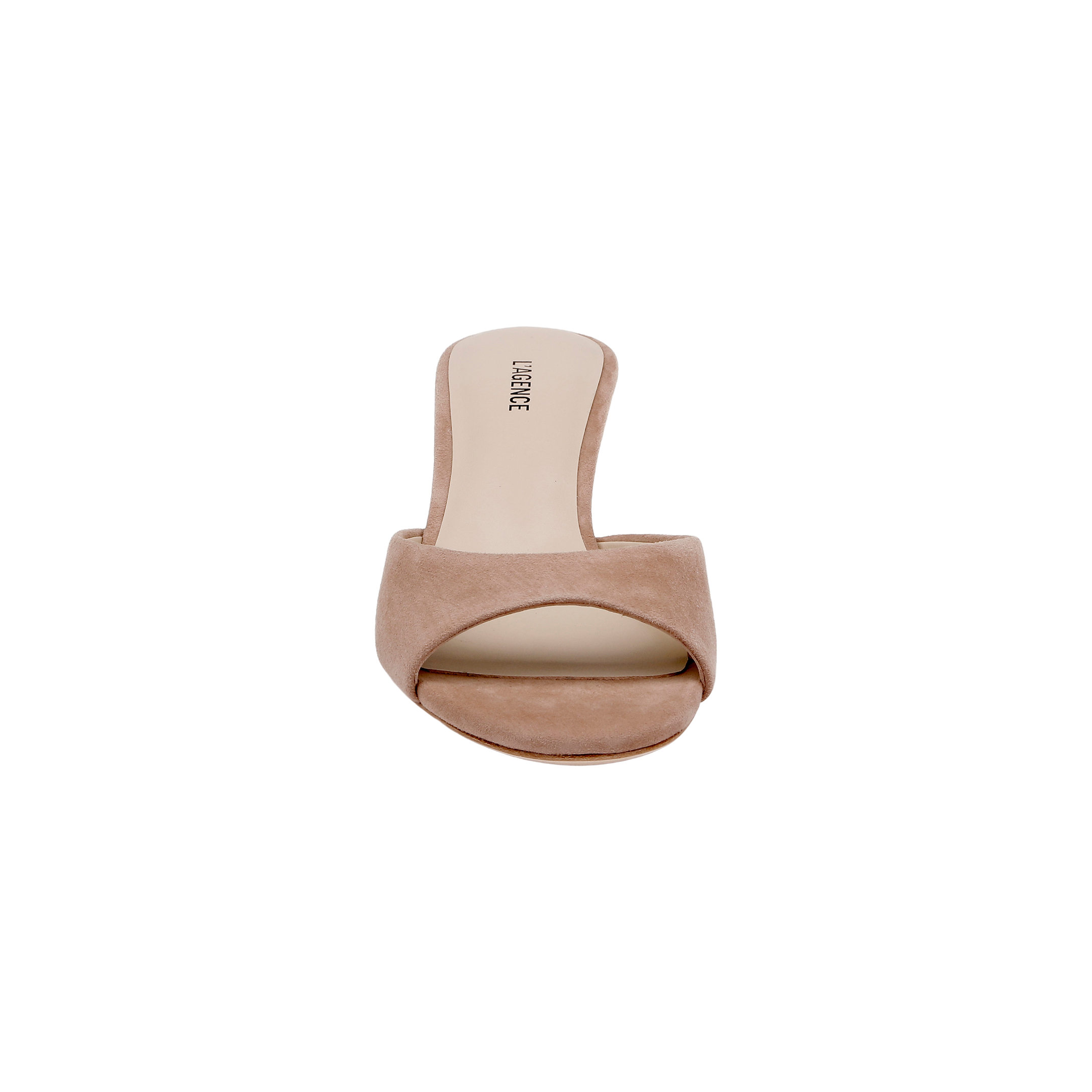 The Arleen Kitten-Heel Mule is a tan suede open-toe sandal featuring a wide strap and a low kitten heel, shown from above on a white background.