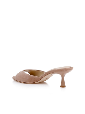 The Arleen Kitten-Heel Mule is a single tan suede mule featuring an open toe and slender kitten heel, shown on a white background.