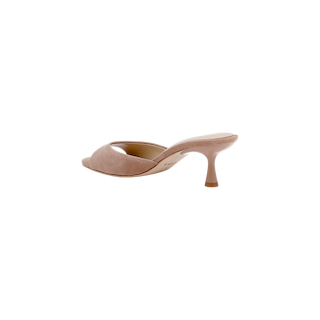 The Arleen Kitten-Heel Mule in tan suede, featuring an open toe and a mid-height heel, is displayed from the back on a white background.