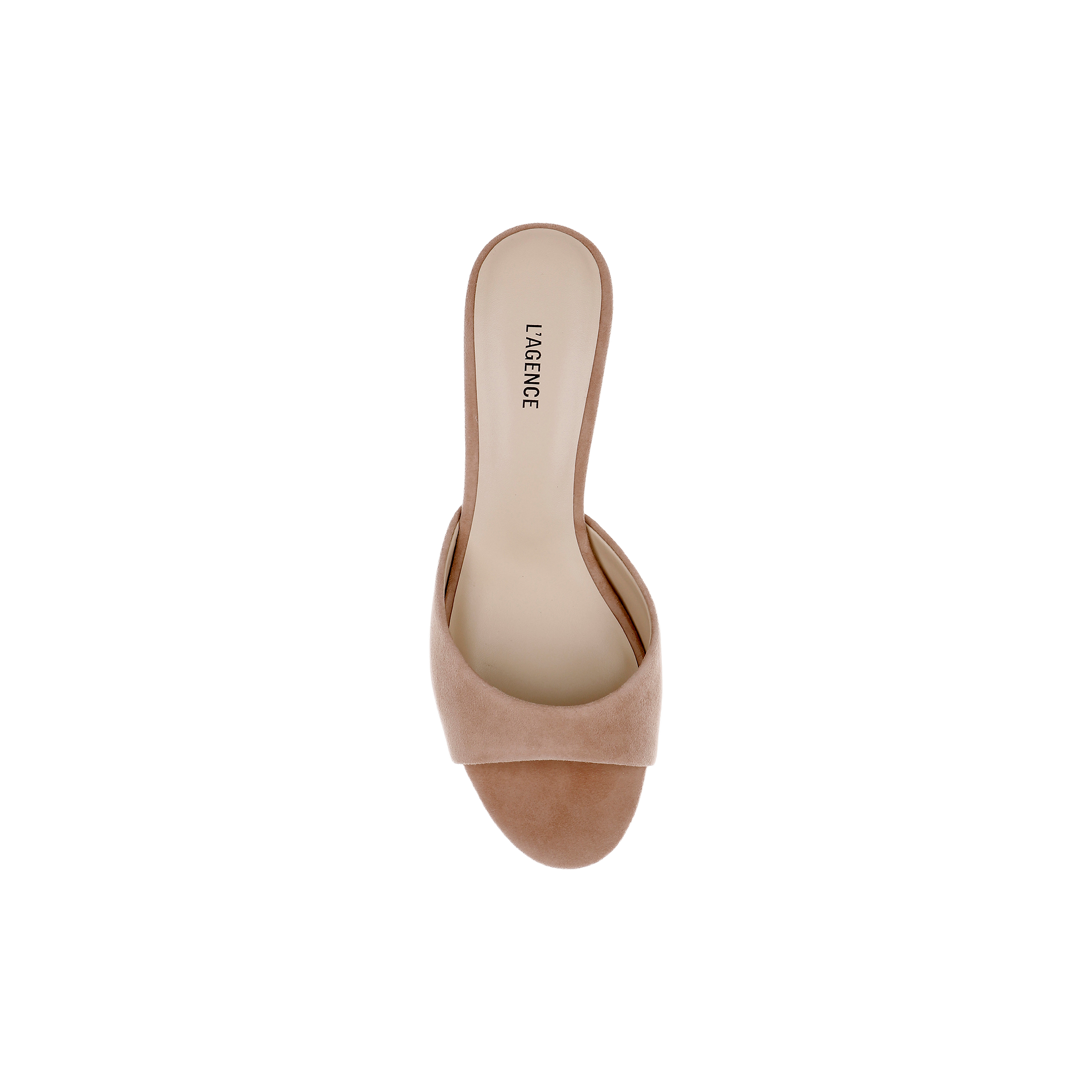 A top view of the Arleen Kitten-Heel Mule showcases its tan suede open-toe design, featuring a wide band and flat sole. The light-colored insole is stamped with the LAURENCE brand name near the heel.