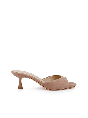 The Arleen Kitten-Heel Mule, a tan suede sandal with an open toe, low curved kitten heel, and minimalist slip-on design, is displayed on a white background.