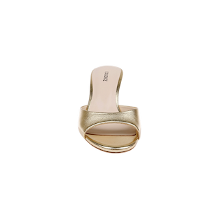 Front view of the Arleen Kitten-Heel Mule in gold leather, featuring an open toe and a comfortable kitten heel, displayed on a plain white background.