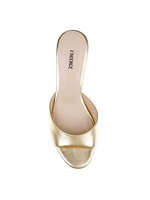 A top view of the Arleen Kitten-Heel Mule shows a gold leather, open-toe slip-on sandal with a wide strap, kitten heel, beige insole, and LAGENCE branding on the footbed for a comfortable lift.