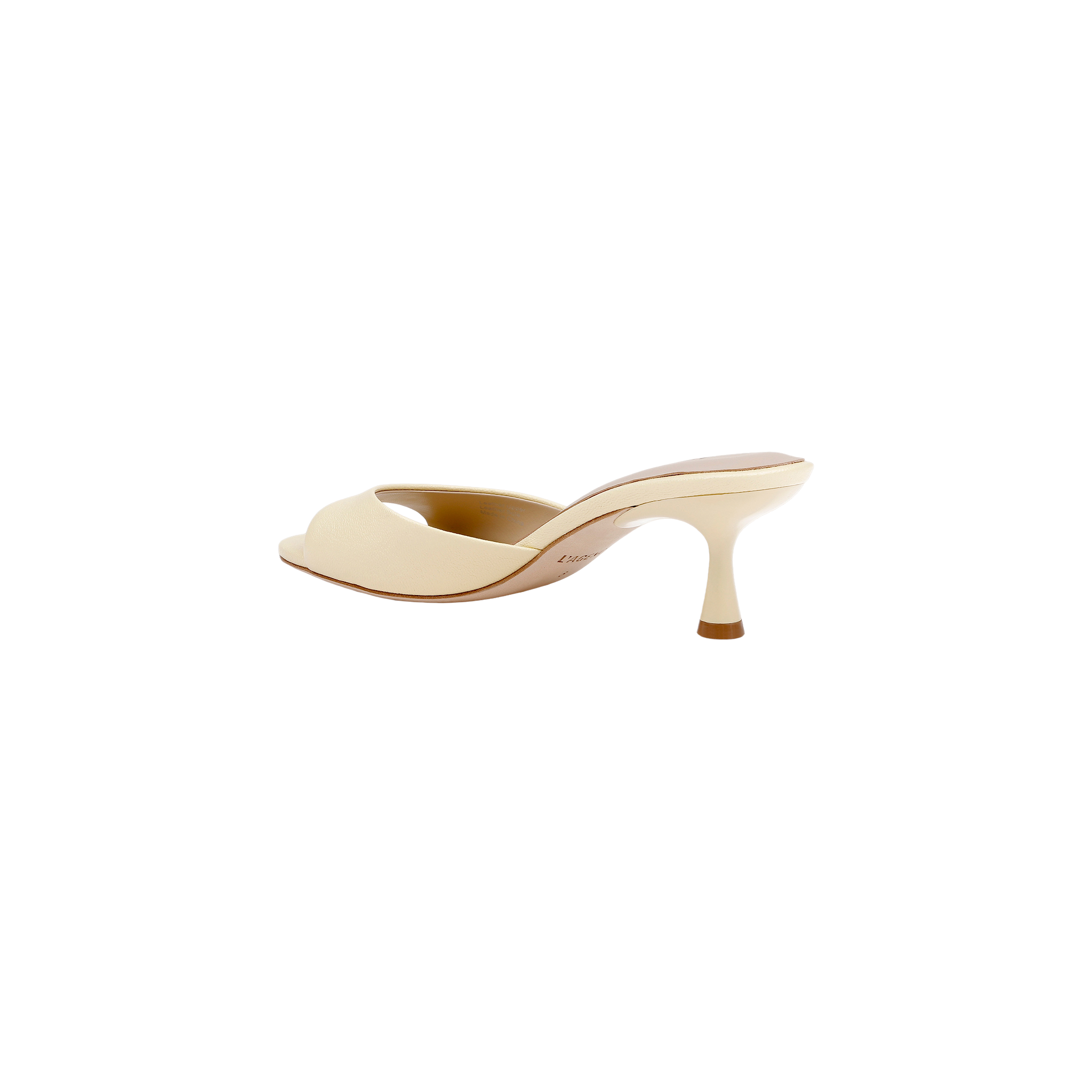 Light yellow leather Arleen Kitten-Heel Mule with an open-toe and kitten heel.