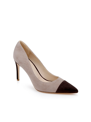 The Kendelle Suede Pump is a light tan suede cap toe pump with a pointed toe and dark brown contrast tip, featuring a memory foam insole, displayed on a white background.