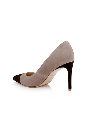 The Kendelle Suede Pump, crafted in light tan suede with a dark brown cap toe and heel, features a memory foam insole and is elegantly displayed against a white background.
