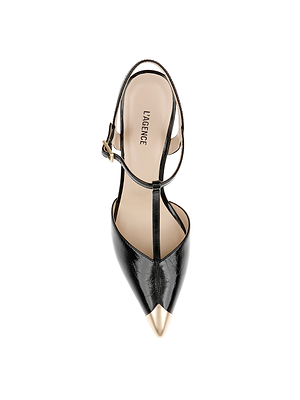 Top view of the Kaveh Slingback Pump: a black patent leather pointed-toe shoe with a T-strap, ankle buckle, stiletto heel, metallic gold toe cap, and beige insole featuring the LAGENCE brand name.